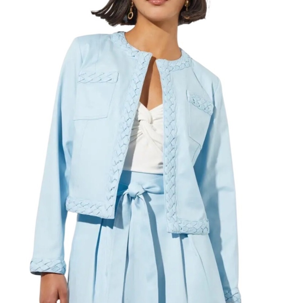 Ming Wang Womens Light Blue Braided Trim‎ Open Front Jacket Size L Professional